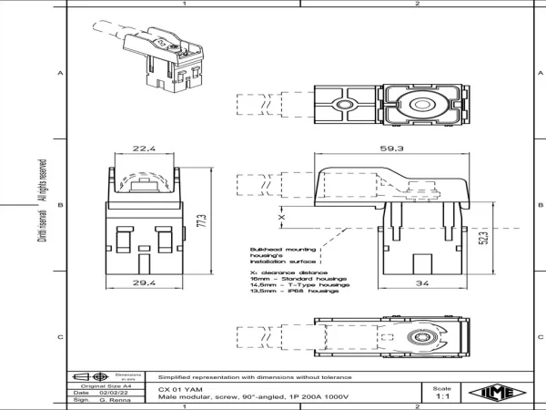 male insert, MIXO, 2 MU, 1p, silver, screw, 90° angled, 200A, 1000V