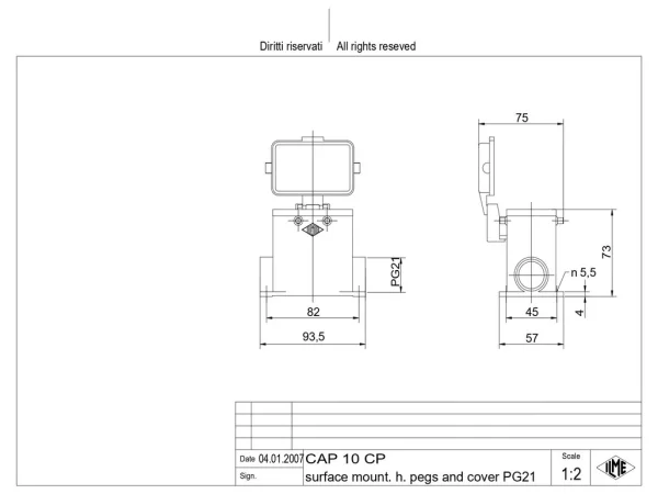 surface mounting housing, high, size 57.27, C-TYPE alu, 4 pegs, 1xPG21 side, cov.