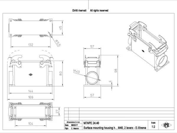 surface mounting housing, high, size 104.27, E-Xtreme alu, 2 levers, 1xM40 side