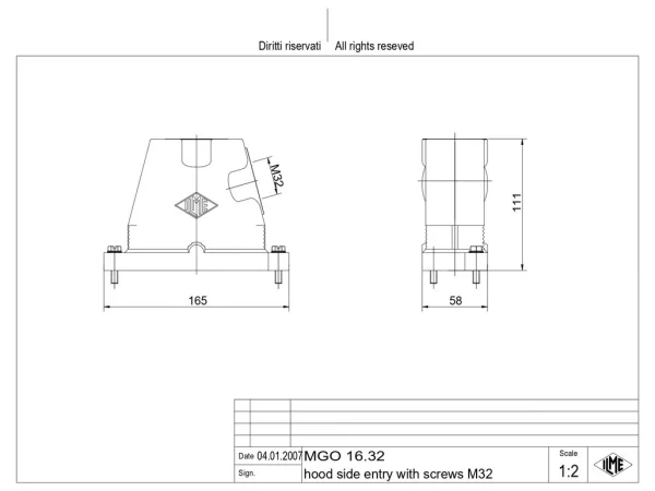 hood, size 77.27, IP68 alu, screw locking, 1xM32 side