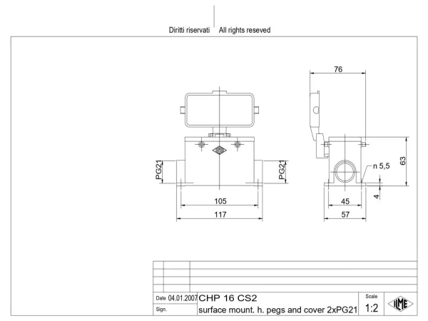 surface mounting housing, size 77.27, C-TYPE alu, 4 pegs, 2xPG21 side, cov.