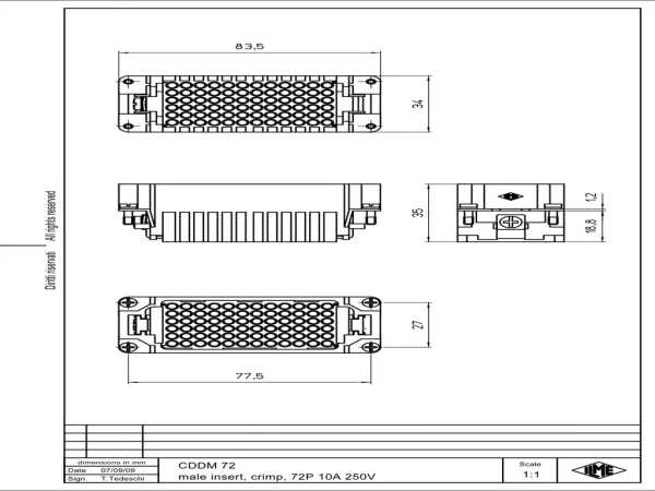 male insert, size 77.27, 72p+PE, crimp, 10A, 250V