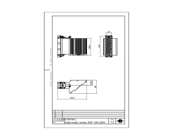 male insert, size 104.27, 64p+PE, silver, screw, 10A, 250V, left