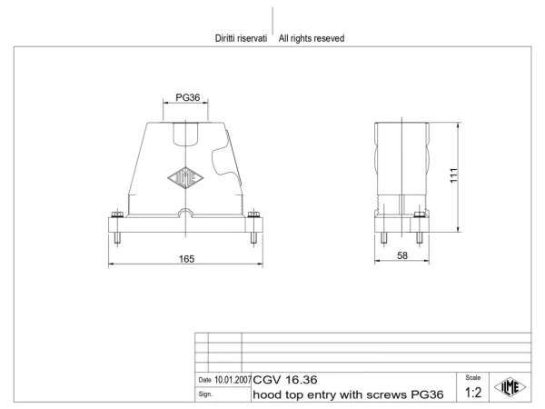 hood, size 77.27, IP68 alu, screw locking, 1xPG36 top