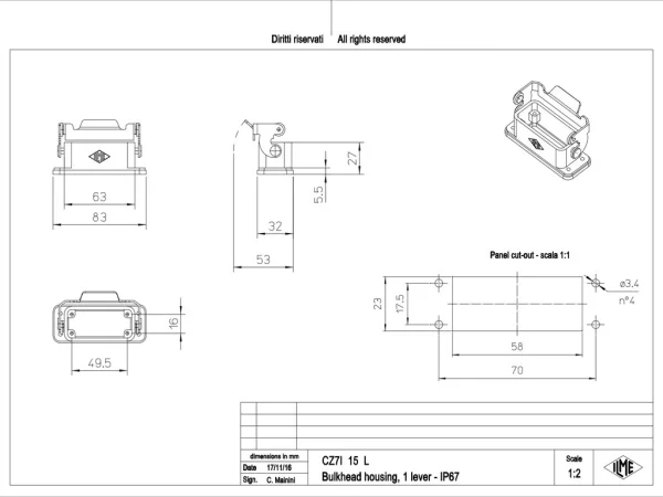 bulkhead mounting housing, size 49.16, CZ7 alu, 1 rigid lever