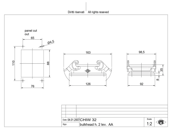 bulkhead mounting housing, size 77.62, W-TYPE alu, 2 levers