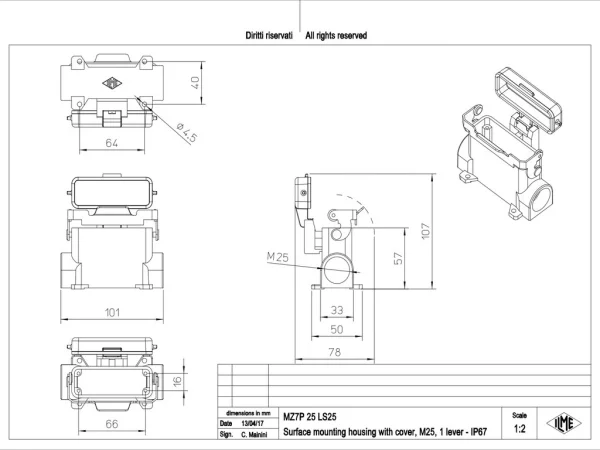 surface mounting housing, size 66.16, CZ7 alu, 1 rigid lever, 1xM25 side, cover metal