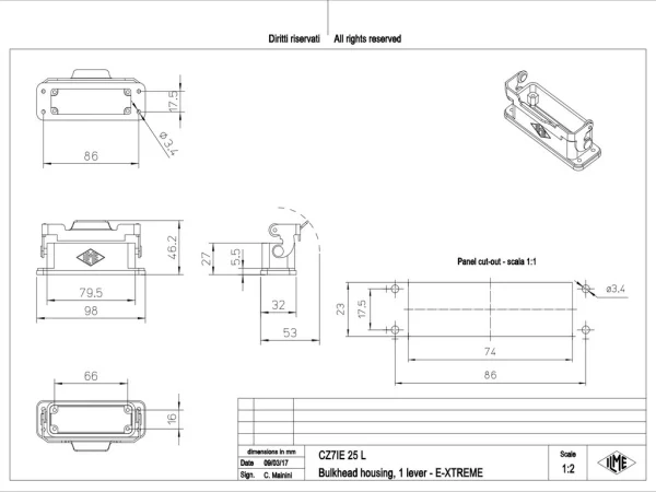 bulkhead mounting housing, size 66.16, E-Xtreme alu, 1  rigid lever