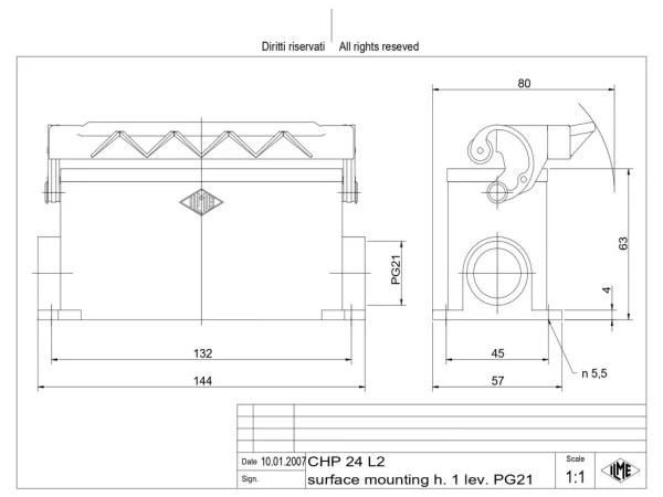 surface mounting housing, size 104.27, C-TYPE alu, 1 lever, 2xPG21 side