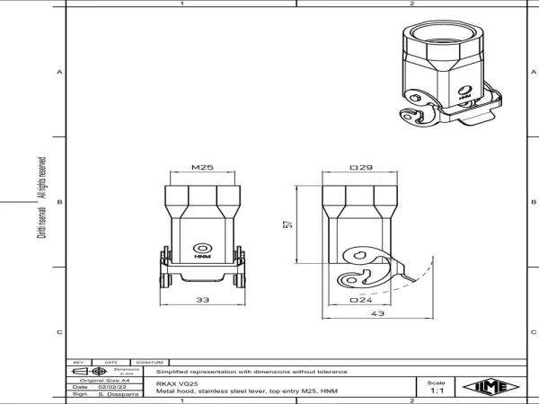 hood, size 21.21, HNM alu, 1 lever stainless steel, 1xM25 top