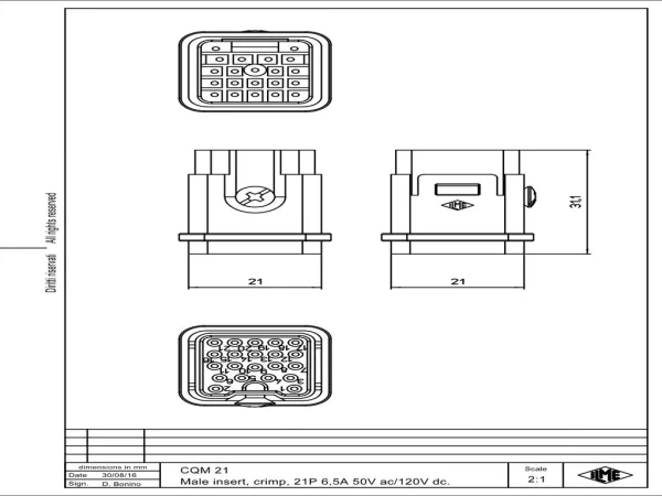 male insert, size 21.21, 21p, crimp, 6,5A, 50V ac/120V dc