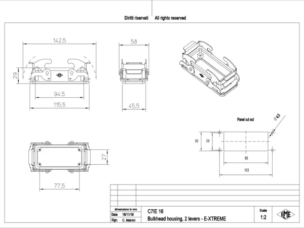 bulkhead mounting housing, size 77.27, E-Xtreme alu, 2 levers