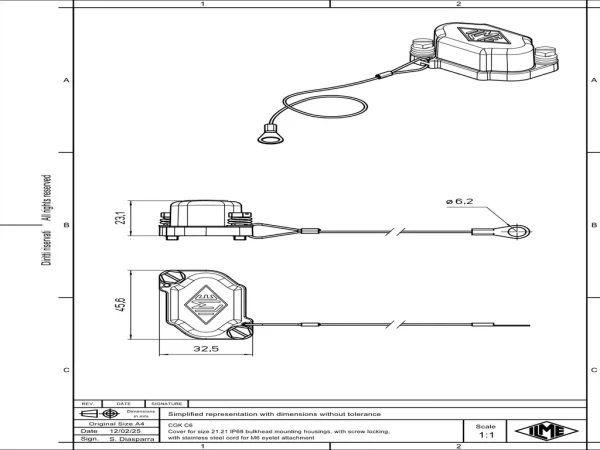 cover, for MGK 2AP25 double angled housing, size 21.21, with eyelet