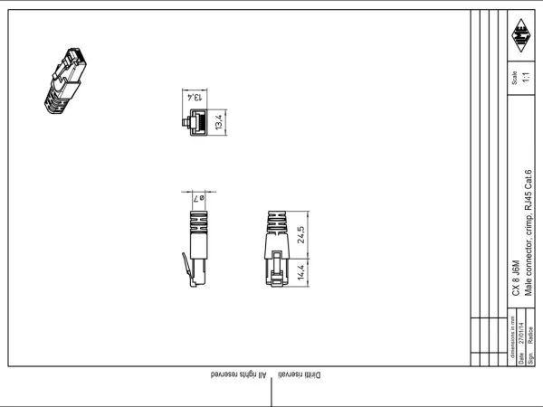 male insert, MIXO, 8p, crimp, 1A, 50V, RJ45