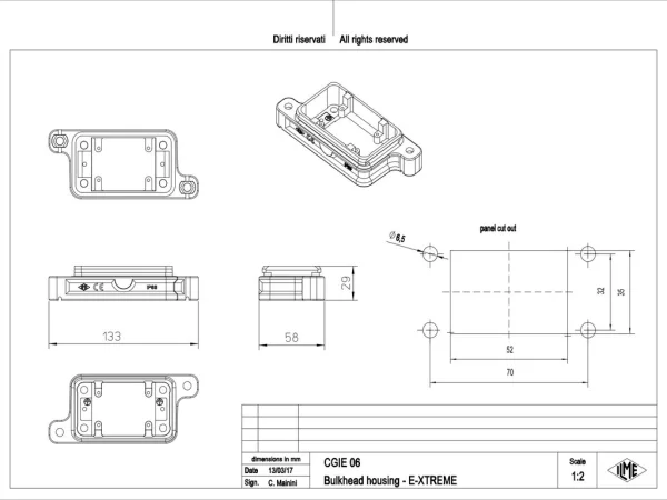 bulkhead mounting housing, size 44.27, E-Xtreme alu, screw locking