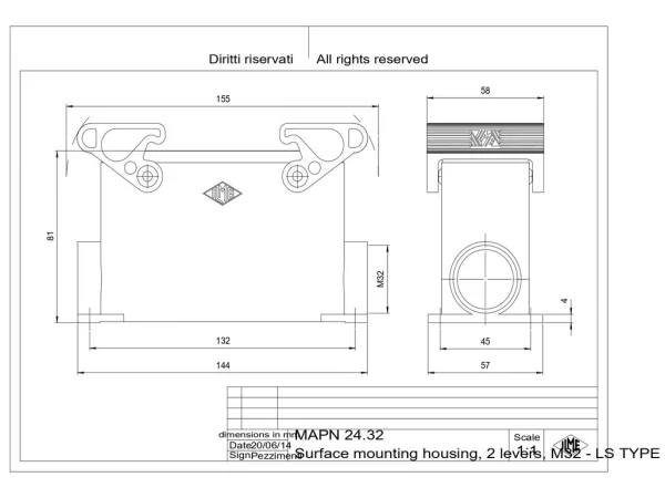 surface mounting housing, high, size 104.27, LS-type alu, 2 levers, 1xM32 side