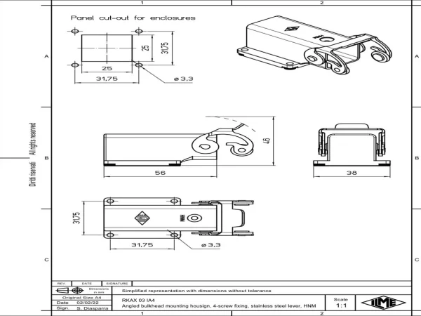 bulkhead mounting housing, angled, size 21.21, HNM alu, 1 lever stainless steel, large cable gland