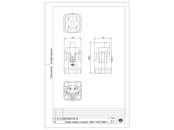 male insert, size 21.21, 4p+PE, silver, screw, 10A, 230/400V, black