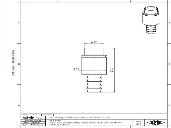 female contact, pneumatic, 8,0mm internal, straight, hose barbs, without shut-off valve