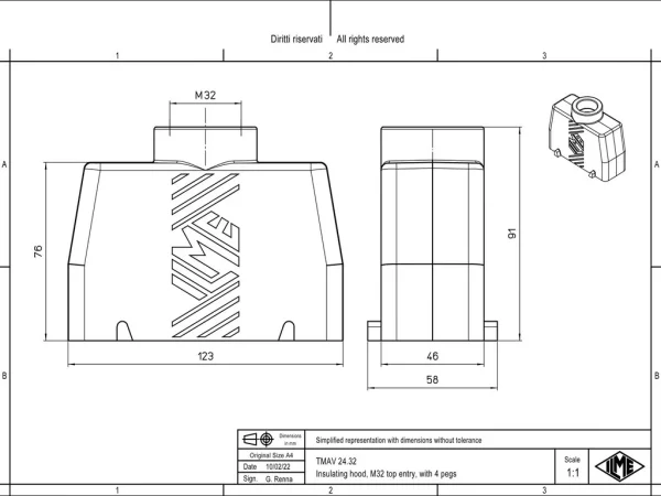 hood, high, size 104.27, T-TYPE plastic, 4 pegs, 1xM32 top