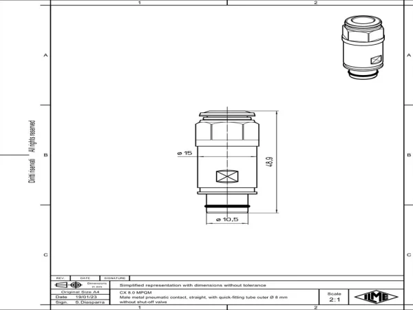 male contact, pneumatic, 8,0mm external, straight, quick-fitting, without shut-off valve
