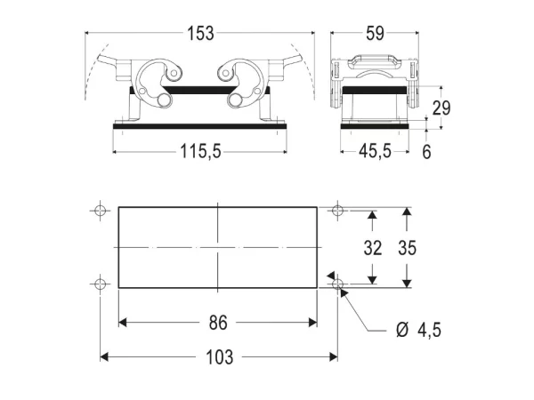 bulkhead mounting housing, size 77.27, C-TYPE alu, 4 pegs, cover metal
