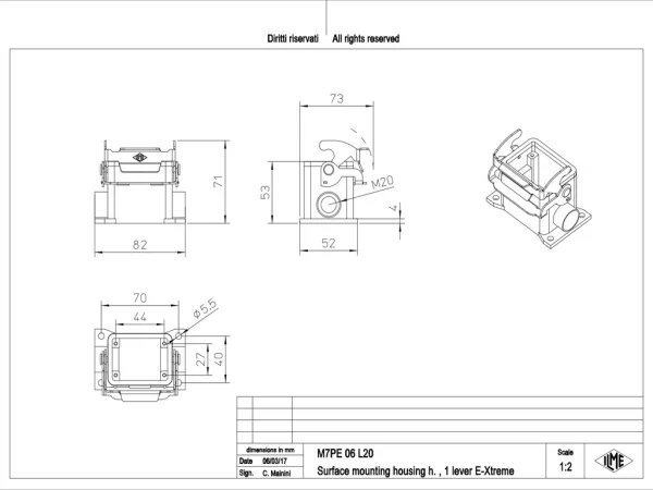 surface mounting housing, size 44.27, E-Xtreme alu, 1 lever, 1xM20 side