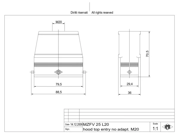 hood, high, size 66.16, IL-BRID alu, 2 pegs, 1xM20 top, no adaptor