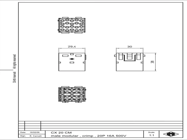 male insert, MIXO, 2MU, 20p, crimp, 16A, 500V