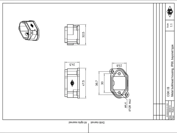 bulkhead mounting housing, size 21.21, IP68 alu, bayonet locking