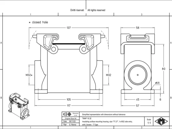 surface mounting housing, high, size 77.27, T-TYPE plastic, 2 levers, 1xM32 side