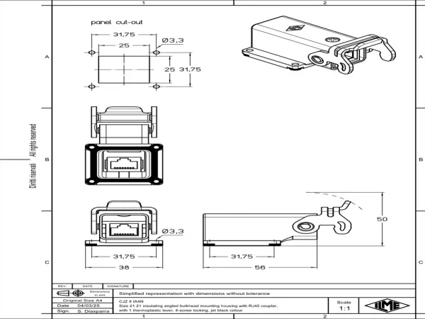 female RJ45 angled coupler, size 21.21, plastic, with 1 lever