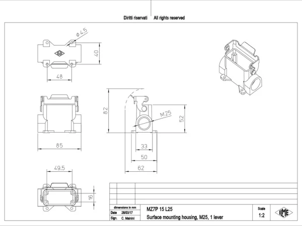 surface mounting housing, size 49.16, CZ7 alu, 1 rigid lever, 1xM25 side