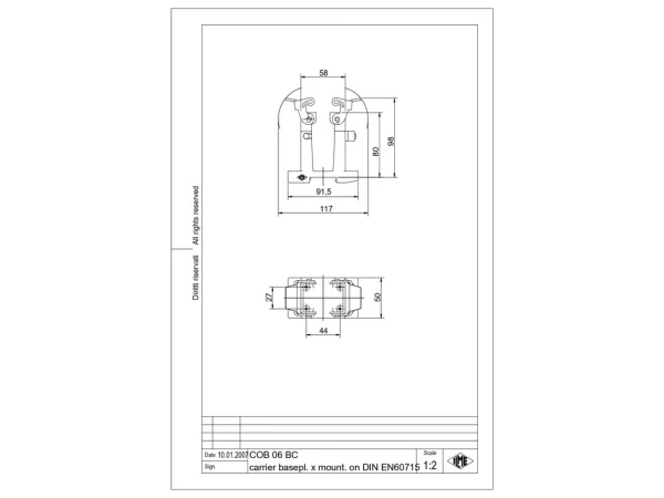 connector carrier, size 44.27, COB plastic, 2 levers, for mounting on DIN rail