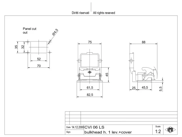 bulkhead mounting housing, size 44.27, V-TYPE alu, 1 lever, cover metal
