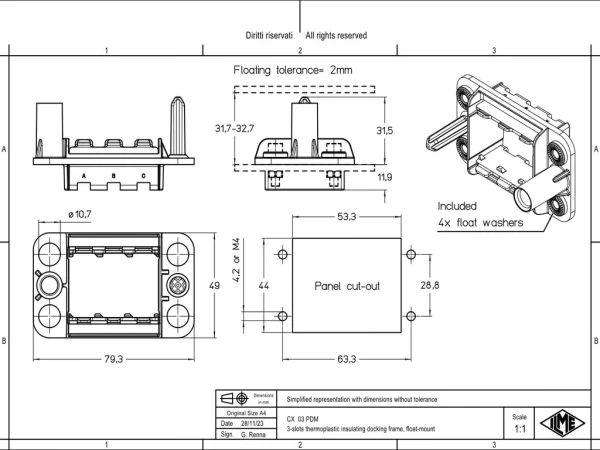 docking frame, float-mount, 3 modules