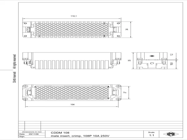male insert, size 104.27, 108p+PE, crimp, 10A, 250V