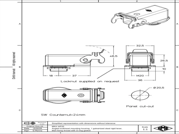 bulkhead mounting housing, angled, size 21.21, CKA zinc, 1 lever steel, 1xM20 external