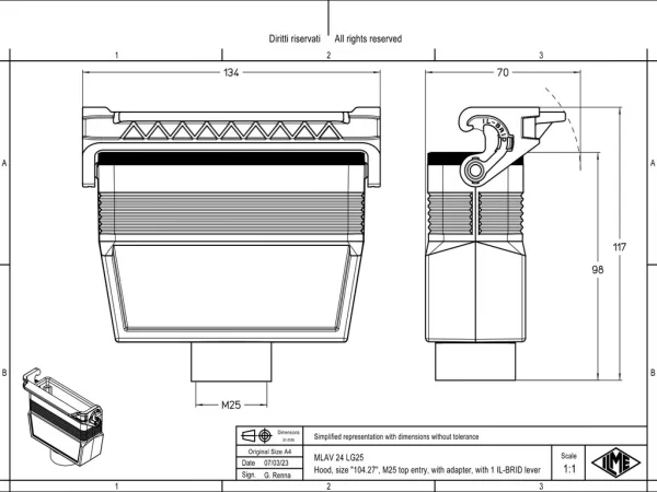 hood, size 104.27, IL-BRID stainless steel, 1 lever, 1xM25 top