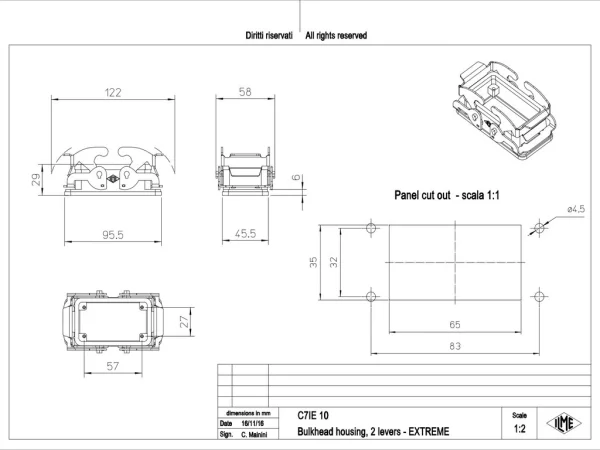bulkhead mounting housing, size 57.27, E-Xtreme alu, 2 levers