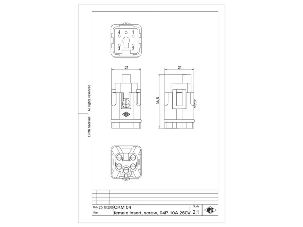 male insert, size 21.21, 4p+PE, silver, screw, 10A, 230/400V