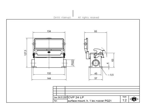 surface mounting housing, size 104.27, V-TYPE alu, 1 lever, 1xPG21 side, cov.