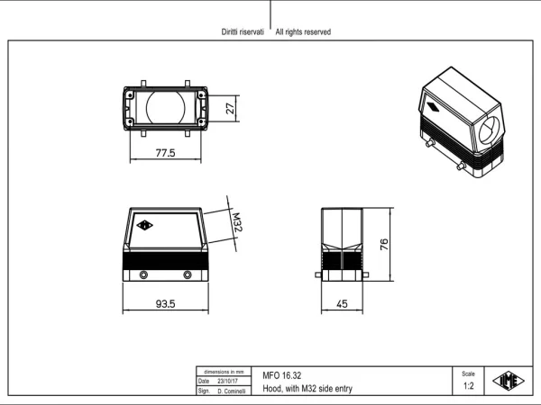 hood, high, size 77.27, C-TYPE alu, 4 pegs, 1xM32 side, no adaptor
