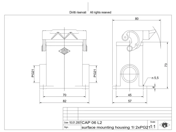 surface mounting housing, high, size 44.27, C-TYPE alu, 1 lever, 2xPG21 side