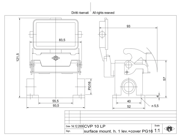 surface mounting housing, size 57.27, V-TYPE alu, 1 lever, 1xPG16 side, cov.