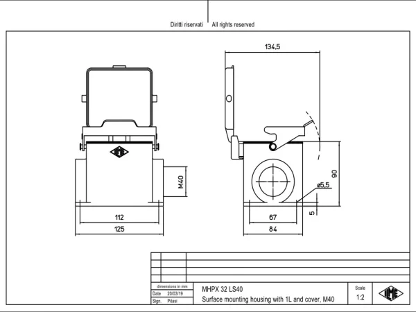 surface mounting housing, size 77.62, C-TYPE alu, 1 rigid lever stainless steel, 1xM40 side, cover metal