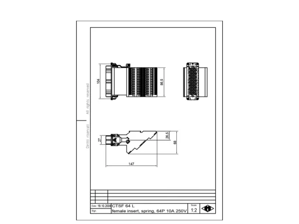 female insert, size 104.27, 64p+PE, silver, spring, 10A, 250V, left