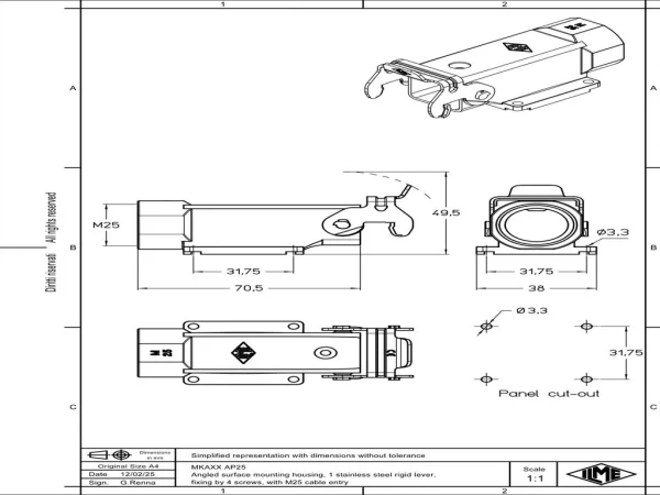 surface mounting housing, angled, size 21.21, zinc, 1 rigid lever stainless steel, 1xM25 side, closed bottom