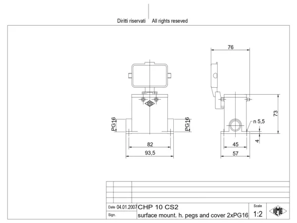 surface mounting housing, size 57.27, C-TYPE alu, 4 pegs, 2xPG16 side, cov.