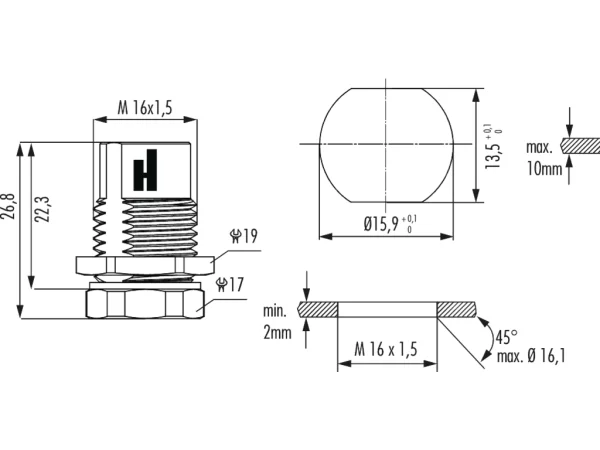 Panel connector female thread, single hole rear mounted